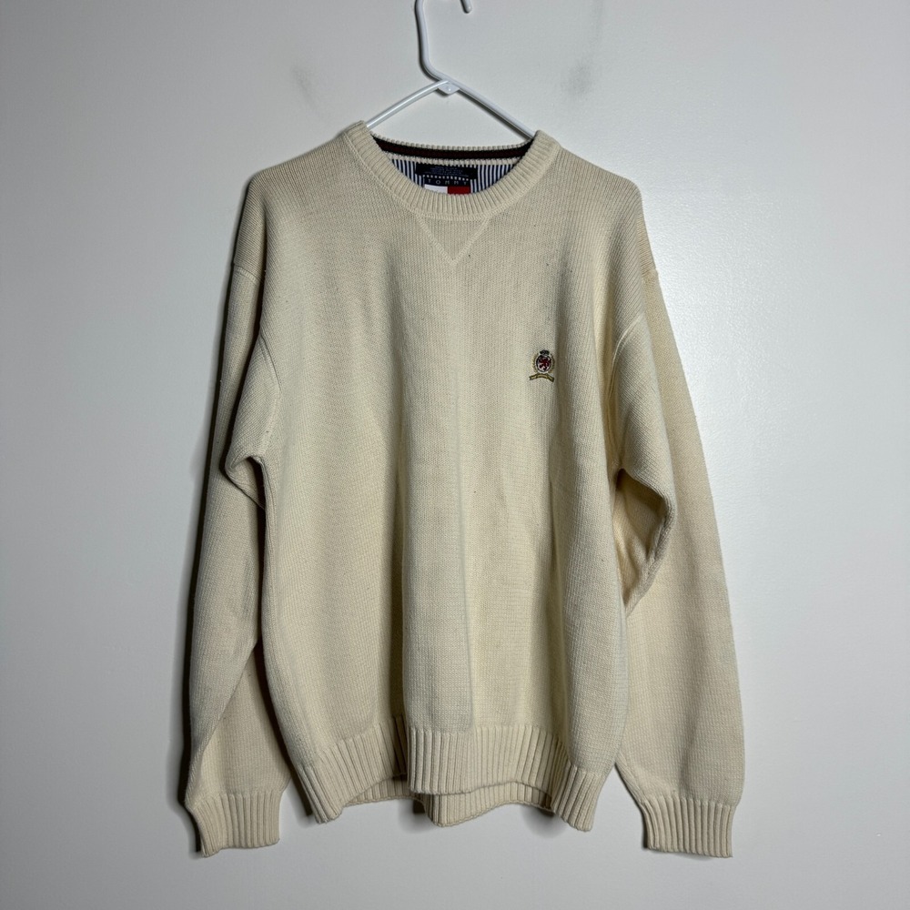 Tommy Hilfiger Sweater Mens XL Cream Solid Cotton Knit Crest Logo Crewneck